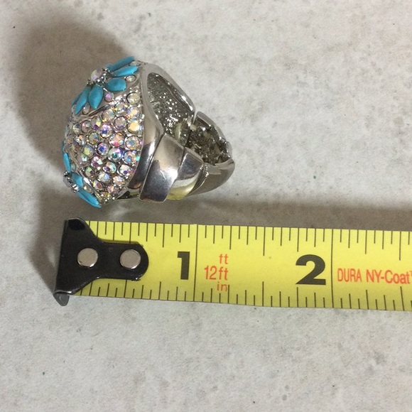 Turquoise flowers in rhinestones expandable silver ring - Picture 7 of 7